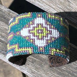 *OOAK* Aztec Cuff - Handwoven Loomwork Teal White